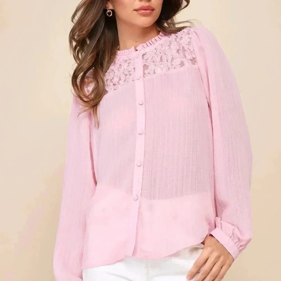 NWOT Lulus Lovely Delight Pink‎ Chiffon Rosette Ruffled Long Sleeve Top - Picture 1 of 7